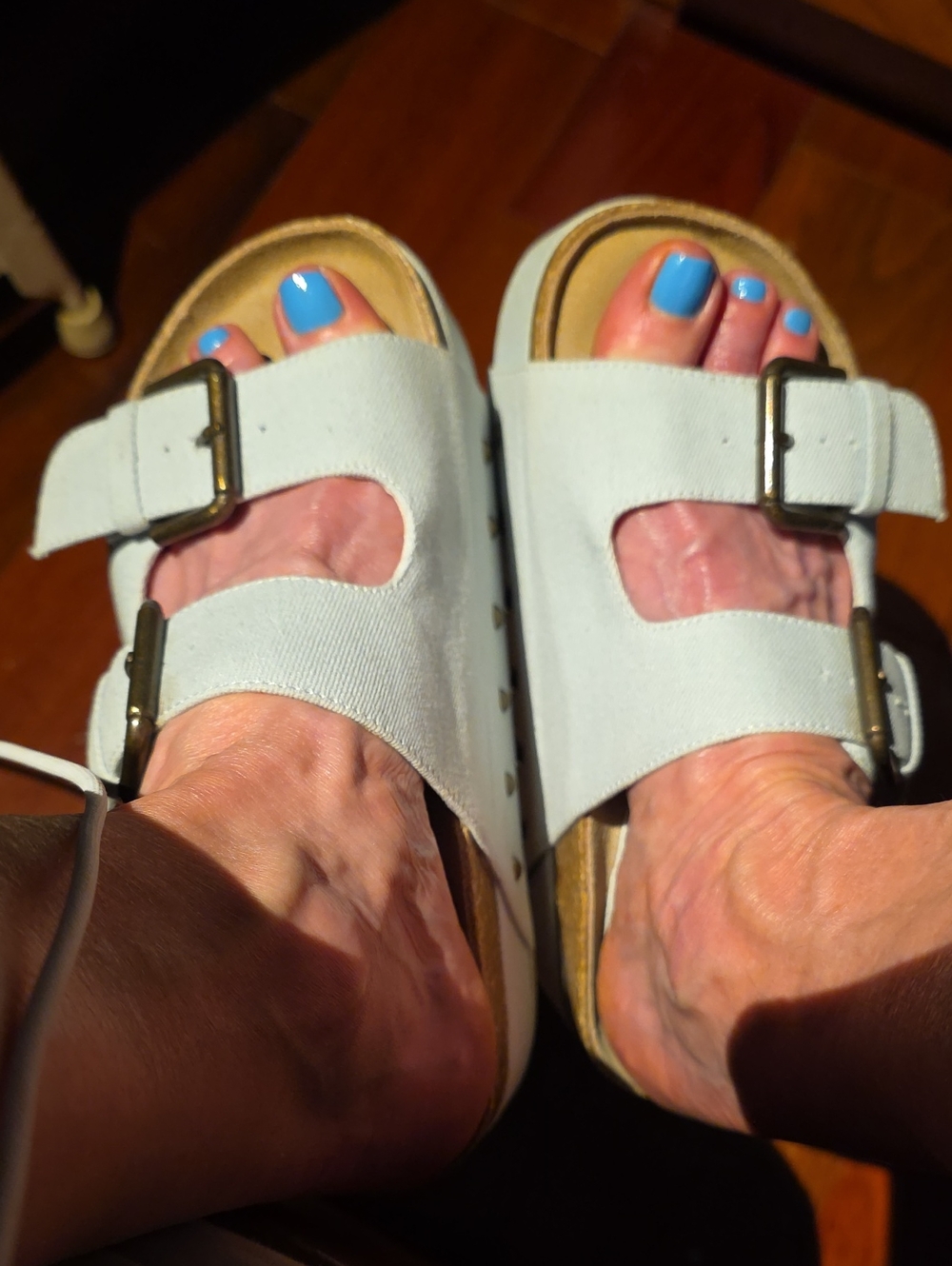 Intentionally Blank Women’s Light Blue Fabric Buckle Cork Bed Slide Sandals